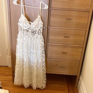 Lulu's White Floral Applique Dress with Gold Accents